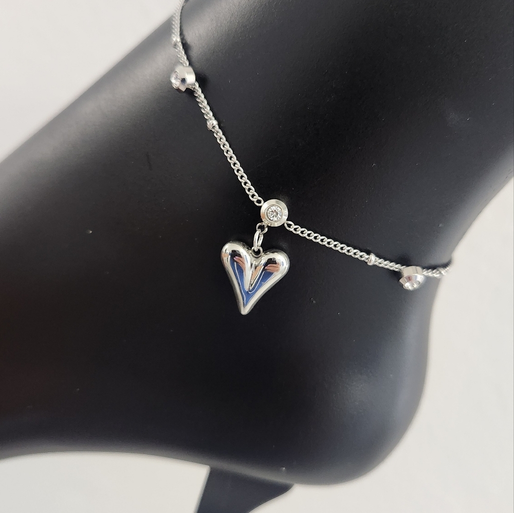 Summer Style Heart Charm Pendant Silver Tone Adjustable Ankle Bracelet - Picture 4 of 14